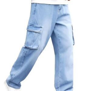 Visit the Ben Martin Store Ben Martin Men's Denim Cotton Cargo Jeans || Stretchable Baggy Fit || High Waist Loose Cargos for Men with Box Pockets || Stylish Gen-Z Streetwear || Sizes 28–40 || Black, Khaki, Grey & More